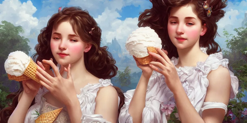 Image similar to a girl with an ice cream cone on hands with a white fluffy cloud in it, realistic 4 k octane cycles beautifully detailed render, 4 k, deep focus, intricate, elegant, highly detailed, photorealistic rendering, sharp focus, illustration, hearthstone, art by artgerm and alphonse mucha