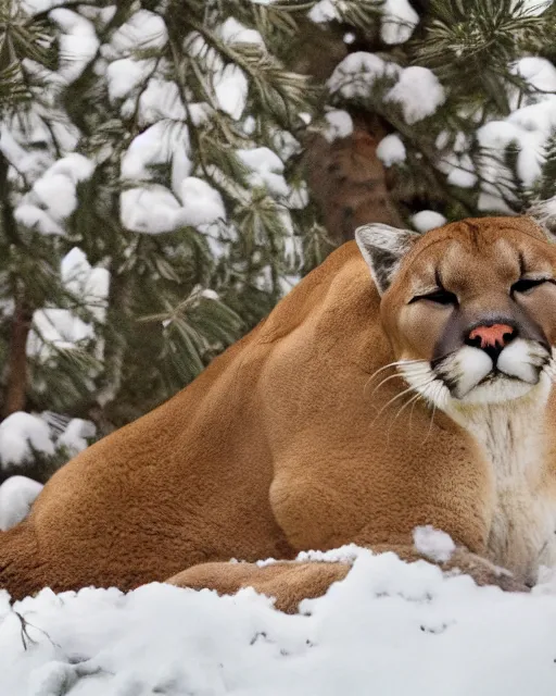 Image similar to ripped up apostcard showing 'a cougar sleeping in the middle of snowy pine tree' laying on coffee table, zoomed out shot, HD, iphone capture