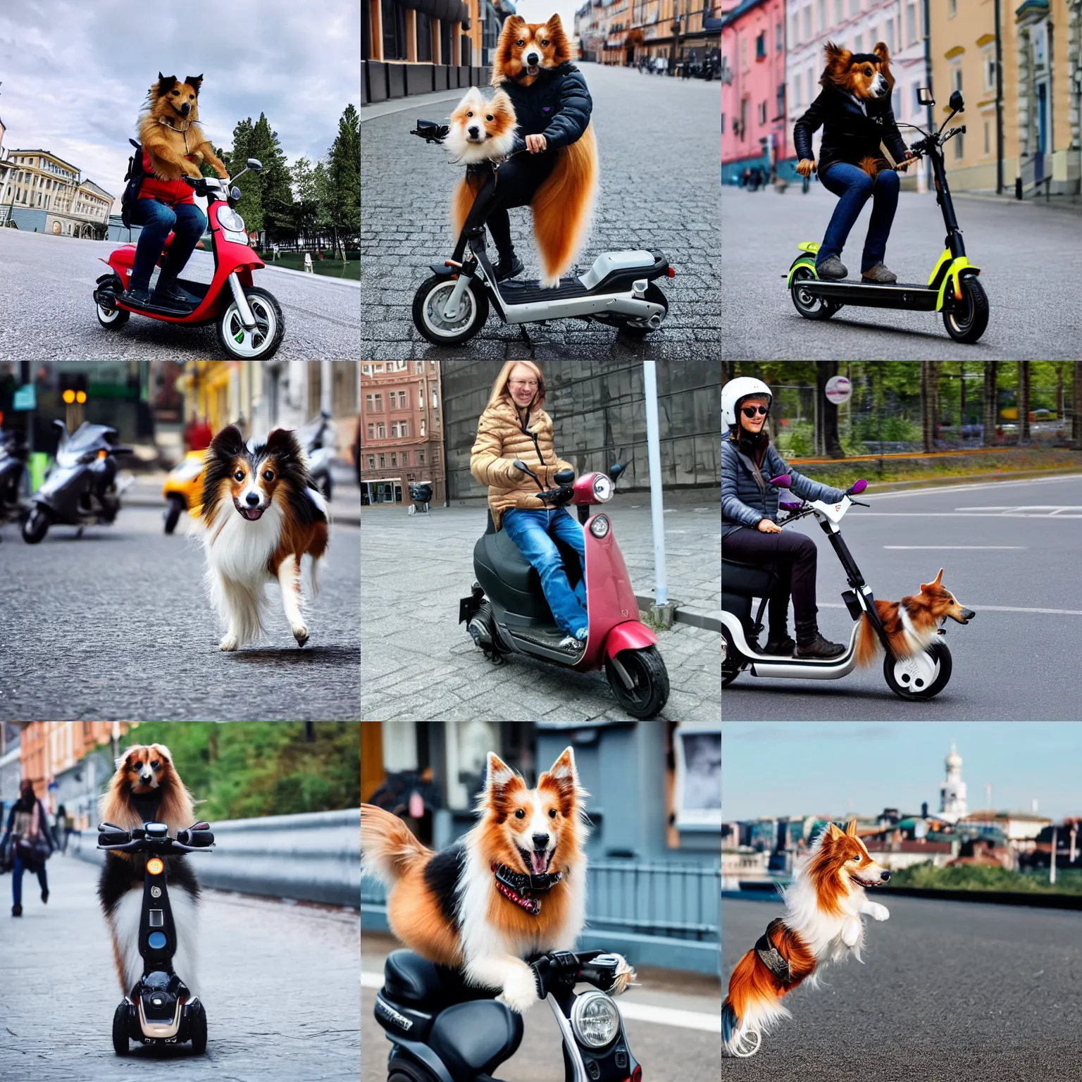 Prompt: a photo of a sheltie riding a scooter in helsinki