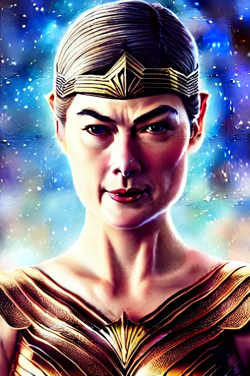 Prompt: young rosamund pike portrait as wonderwoman, art deco, fantasy, intricate art deco designs, elegant, highly detailed fractals, sharp focus, art by artgerm and beeple and greg rutkowski and wlop