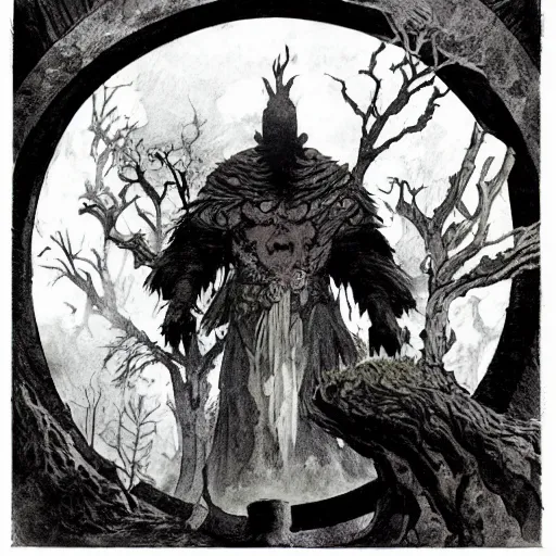 Image similar to a druid standing in a circle at the beginning of the world by alan lee and peter mohrbacher and frank frazetta and mike mignola