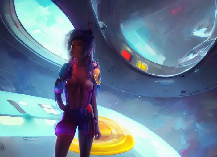 Prompt: a girl with rainbow hair standing in a spaceship, futuristic spaceship, official art, by bayard wu, by ross tran, realistic expressive oil painting, cgsociety, anime style, detailed spaceship interior, octane render