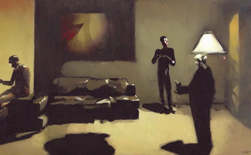 Image similar to a thin man screams at a telephone beside a sofa in a dark living room, painted by phil hale and rick berry and jeremy mann, highly detailed