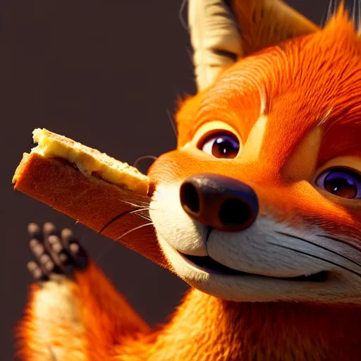 Image similar to weta disney pixar movie still macro close photo of smiling anthropomorphic fox holding on nose a bread with face : : by weta, greg rutkowski, wlop, ilya kuvshinov, rossdraws, artgerm, octane render, iridescent, bright morning, anime, liosh, mucha : :