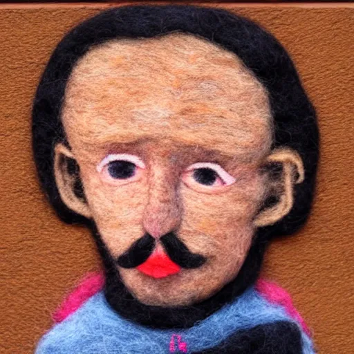 Image similar to by diego velazquez fine needle felting. a beautiful street art of a self - portrait of the artist. he is shown with his head turned to the left, looking at the viewer. his hair is wild & his eyes are wide open. his right hand is raised, as if he is pointing at something.