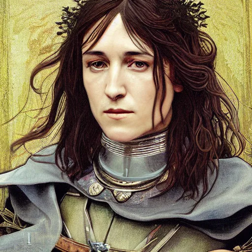 Prompt: portrait of charlotte gainsbourg as joan of arc in armor, hyperrealistic digital painting, iconography influenced by alphonse mucha and eugene delacroix, arstation and deviantart trends, high resolution 8 k