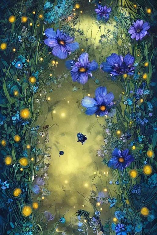 Prompt: beautiful digital matte painting of whimsical botanical illustration black and blue flowers with fireflies enchanted dark background dark contrast by android jones, dollpunk