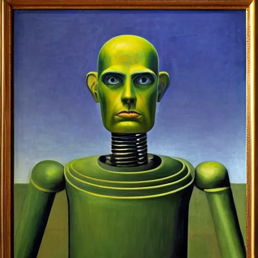 Prompt: tall, gaunt, imposing robot with intense eyes portrait, grant wood, pj crook, edward hopper, oil on canvas