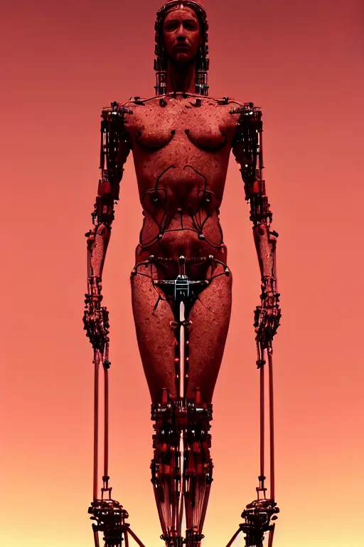 Image similar to a statue jesus on cross made of red marble with wires, tubes, veins, perfect symmetrical body, full body shot, inflateble shapes, white biomechanicaldetails, wearing epic bionic cyborg implants, masterpiece, intricate, biopunk, vogue, highly detailed, artstation, concept art, cyberpunk, octane render