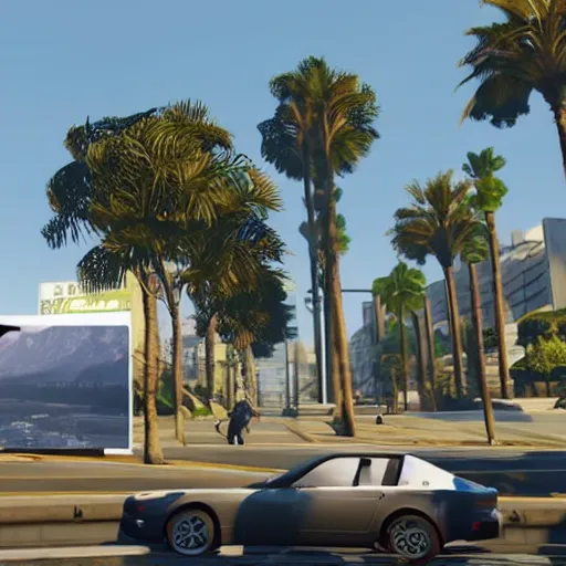 Image similar to Lebron James wearing a suit in GTA V . Los Santos in background, palm trees. in the art style of Stephen Bliss