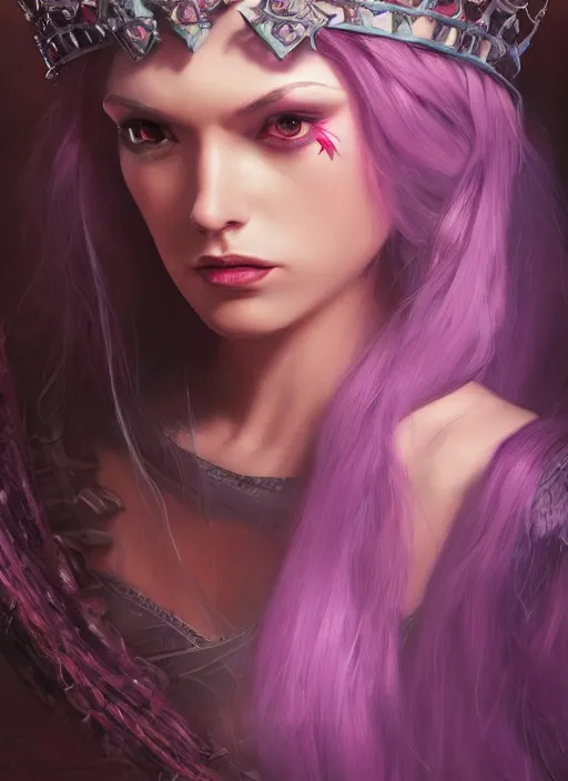 Prompt: mysterious evil princess with long hair and a crown, vivid colors, fantasy, elegant, concept art, sharp focus, beautiful face!!, digital art, Hyper-realistic, 4K, Unreal Engine, Highly Detailed, HD, Dramatic Lighting by Brom, trending on Artstation