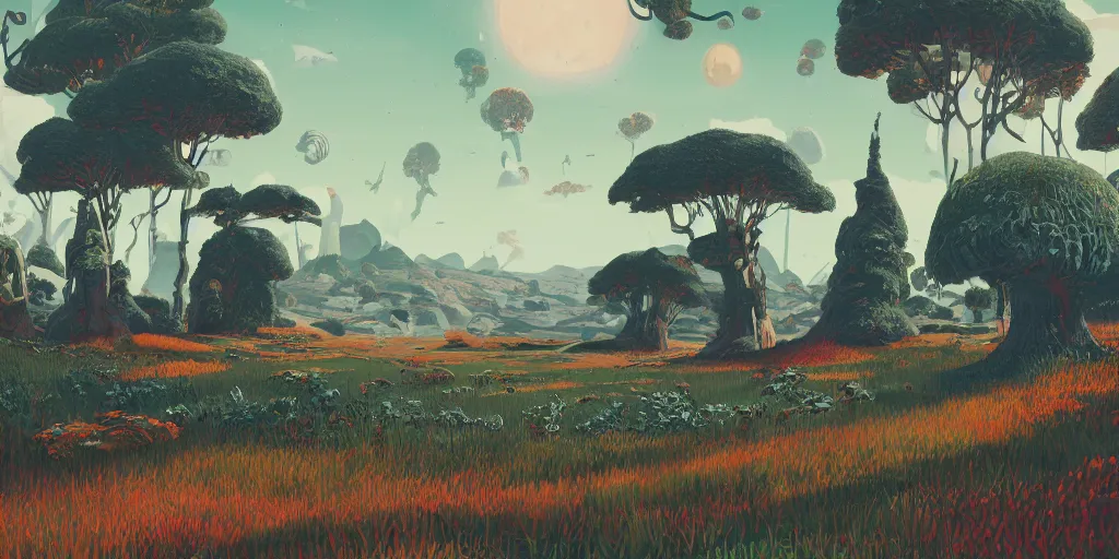 Image similar to landscape illustration at noon by james jean painted in no mans sky style, redshift, octane