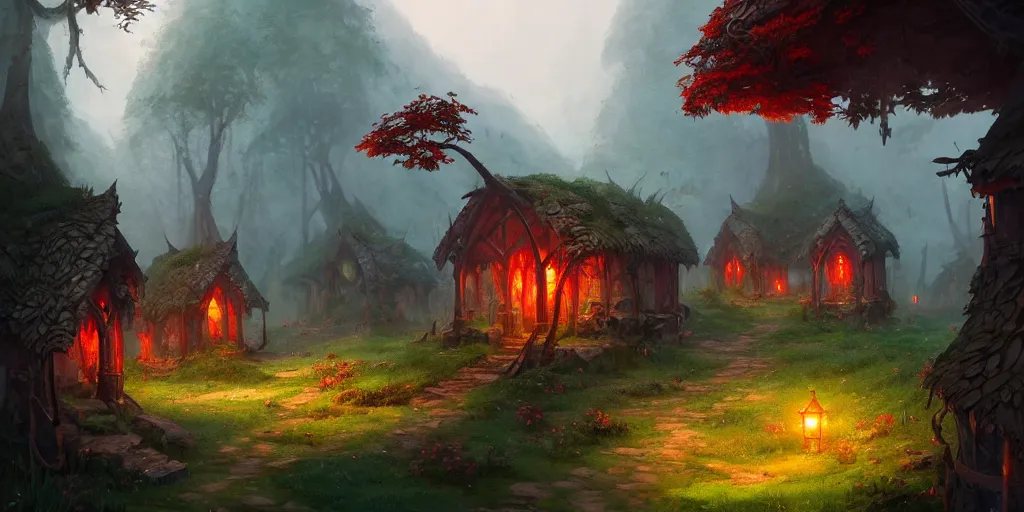 Image similar to Small elven village in deep lush forest with red lamp posts and wooden huts. In style of Greg Rutkowski, Jesper Ejsing, Makoto Shinkai, trending on ArtStation, fantasy, great composition, concept art, highly detailed, scenery, 8K, Behance.