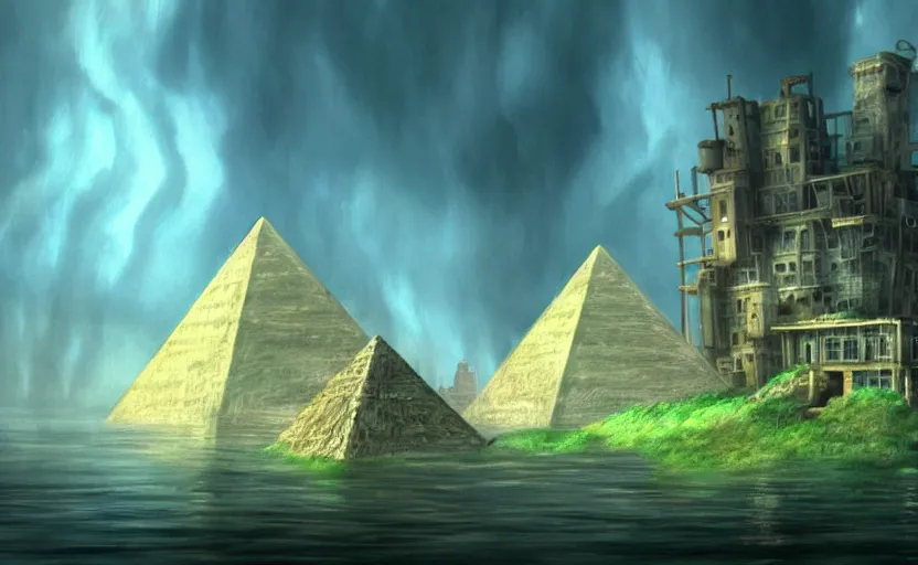 Image similar to a realistic and atmospheric cell - shaded concept art from howl's moving castle ( 2 0 0 4 ) of a futurist sci - fi city and an egyptian pyramid complex in a flooded rainforest. very dull muted colors, hd, 4 k, hq