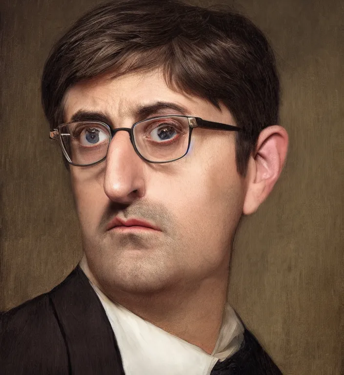 Image similar to a breathtakingly stunningly beautifully highly detailed portrait of a majestic louis theroux, by rosetti and devinci and michael cheval and sidney cooper and turner, 4 k