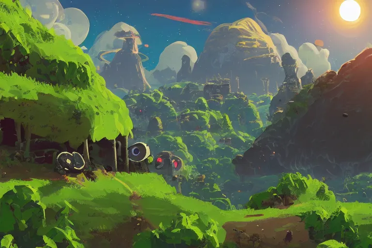 Image similar to computer game art, a small planet in the future, a Tinker's shack on a barren planet, wild berry vines, a berry farm, space junk, volcanoes, in the style of No Man's Sky and Breath of the Wild