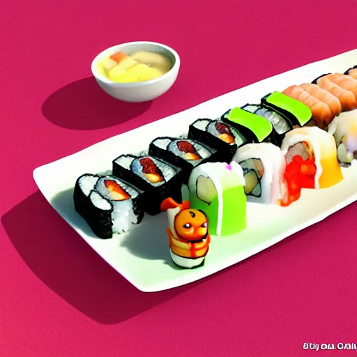 Prompt: seafood sushi, gummy sushi, 3d unreal engine, gelatin, jelly sushi