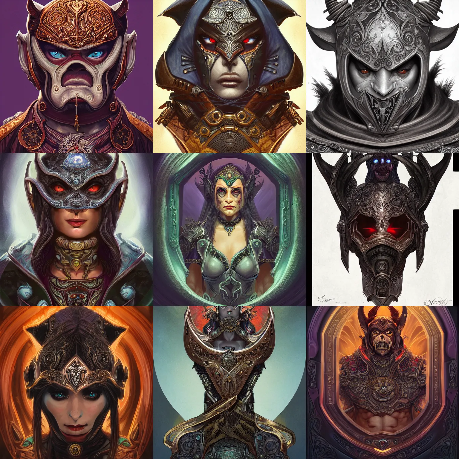 Prompt: head-on symmetrical centered painted portrait, Warcraft imp assassin, black leather armour, art nouveau, tarot card style, fantasy, intricate, elegant, highly detailed, smooth, sharp focus, illustration, artstation, in the style of Artgerm and Anna Podedworna and Alex Ross and Mucha