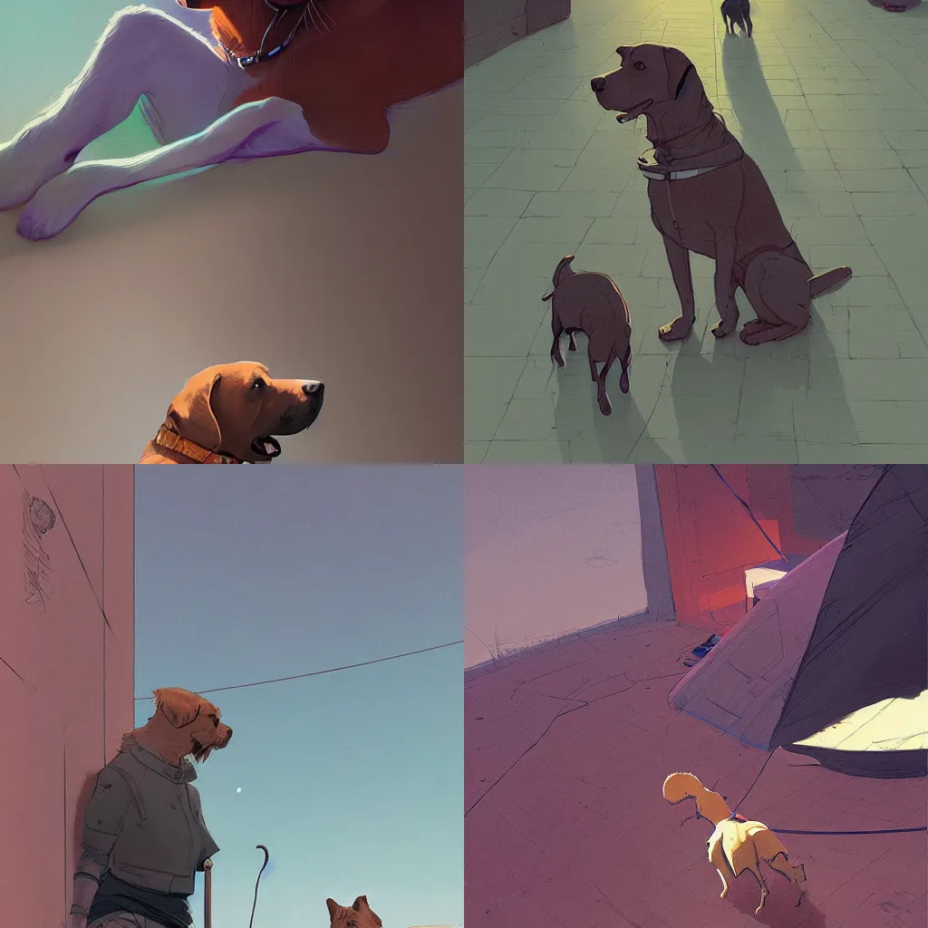 Prompt: dog by moebius and atey ghailan by james gurney