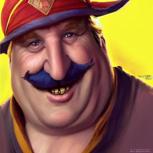 Prompt: Portrait of Gérard Depardieu as Wario, yellow overall, nintendo, fantasy, highly detailed, digital painting, artstation, concept art, sharp focus, illustration, art by Tony Sart and artgerm and randy vargas