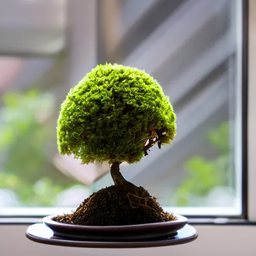 Image similar to a small kokedama on a plate in a kitchen next to a window, a small red momiji bonsai is growing from the top of the kokedama, beautiful lighting, cinematic, high detail,