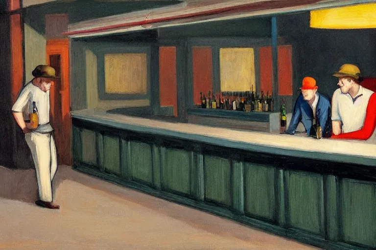 Image similar to mid - thirties guys binge drinking in an empty bar, in the style of edward hopper