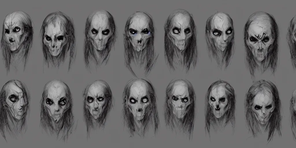 Image similar to gothic ghost character face detail designs, Greg Rutkowski, character sheet, kim jung gi, Darek Zabrocki, Karlkka, Jayison Devadas, Phuoc Quan, trending on Artstation, 8K, ultra wide angle, pincushion lens effect