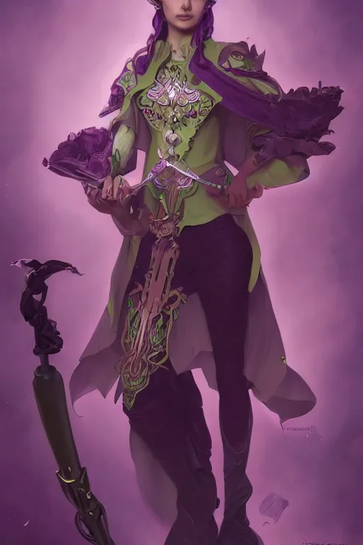 Image similar to portrait of a cute warlock girl with a staff in warlock armor, purple and green, by tom bagshaw and alphonse mucha and atey ghailan and artgerm and and greg rutkowski, hyper realistic, octane render, trending on artstation