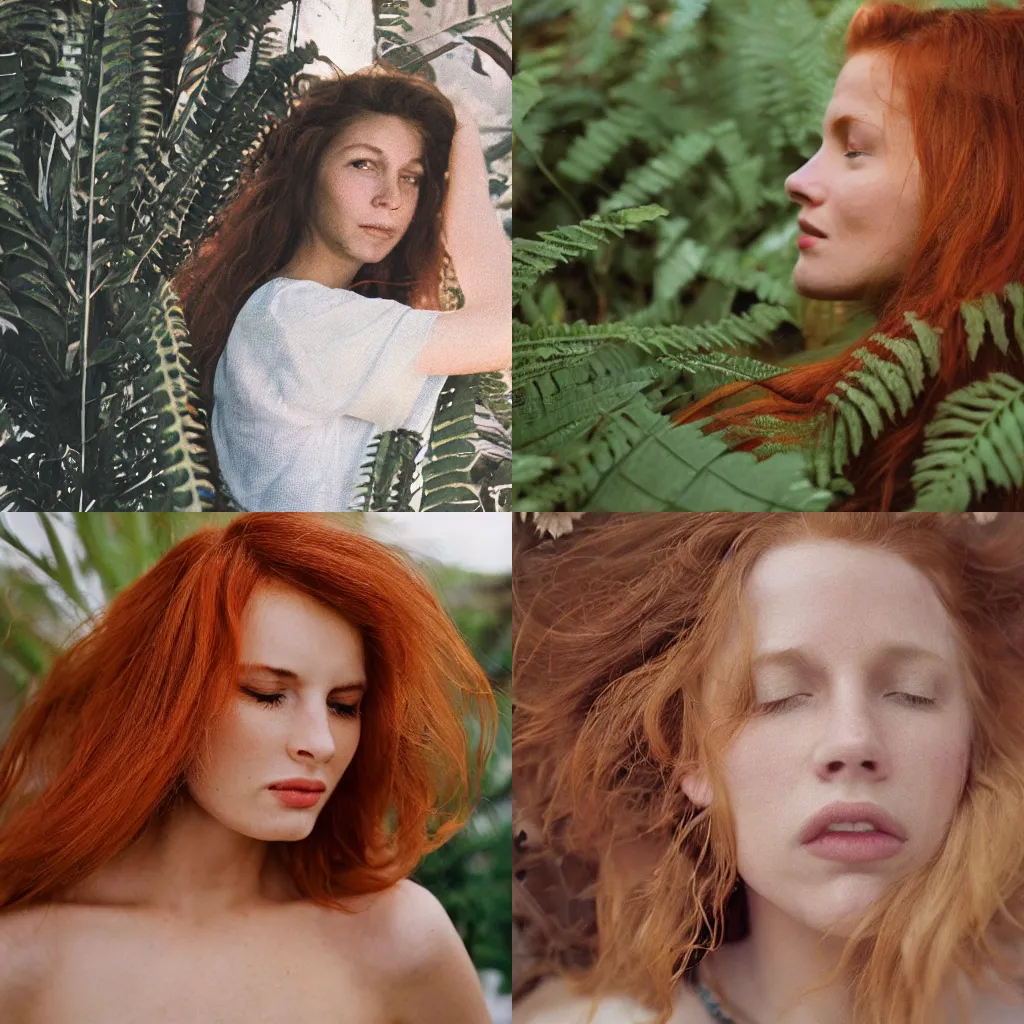 Prompt: A analog head and shoulder frontal portrait photography of a redhead woman behind multiple big fern leaves by Annie Leibovitz. Long hair. eyes closed. Kodak Color Plus 400 film. Sunshine. detailed. hq. realistic. Rembrandt light style. warm light. muted colors. lens flare. photoreal. Bloom and glare. Leica M9.
