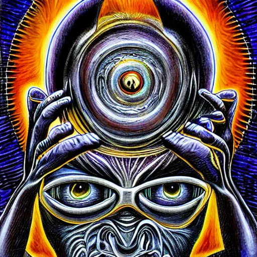 Prompt: minion in the style of tool, alex grey. detailed
