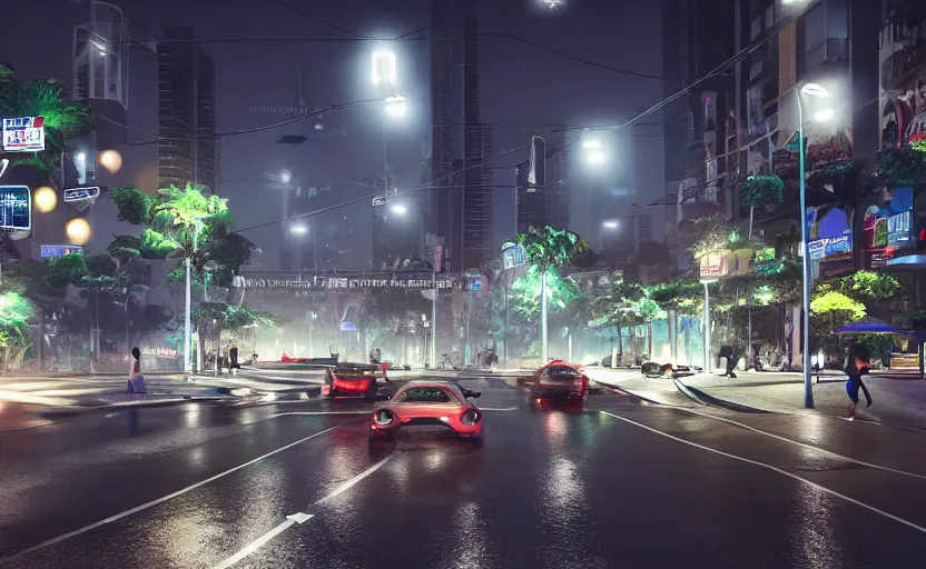 Prompt: photorealistic Philippine city street with flying cars on the roads dark, wet, night light fixtures. 8K. detailed. photorealism. artstation. 25mm f/1.7 ASPH Lens. ultra realistic