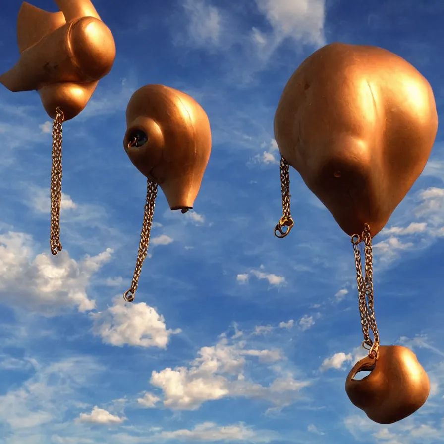 Image similar to beautiful blimps!!! high in the sky, copper chains hanging from the edges, ( ( ( steampunk styled ) ) ), ( ( golden hour ) ), steam clouds, clouds, award winning photography, highly detailed, low poly, extremely wide angle