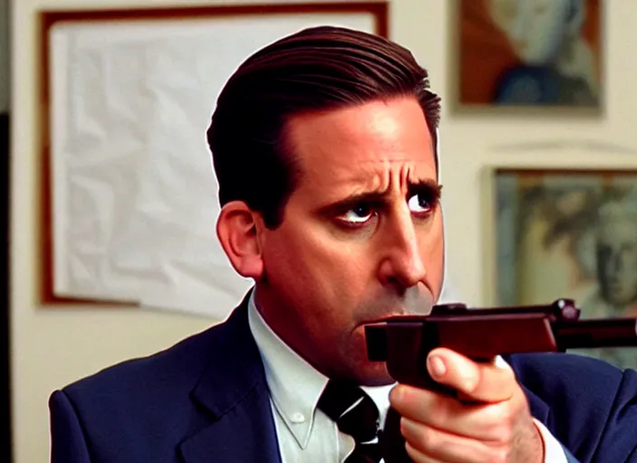 Image similar to film still of michael scott aiming a pistol, 8 k,