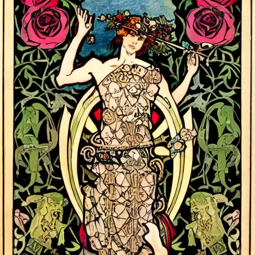 Prompt: tarot card the foolfull body portrait by william morris and alphonse mucha and stephen bliss, trending pixiv fanbox, gold inlay, skulls and roses, shiny, glow, raytracing dynamic light sources