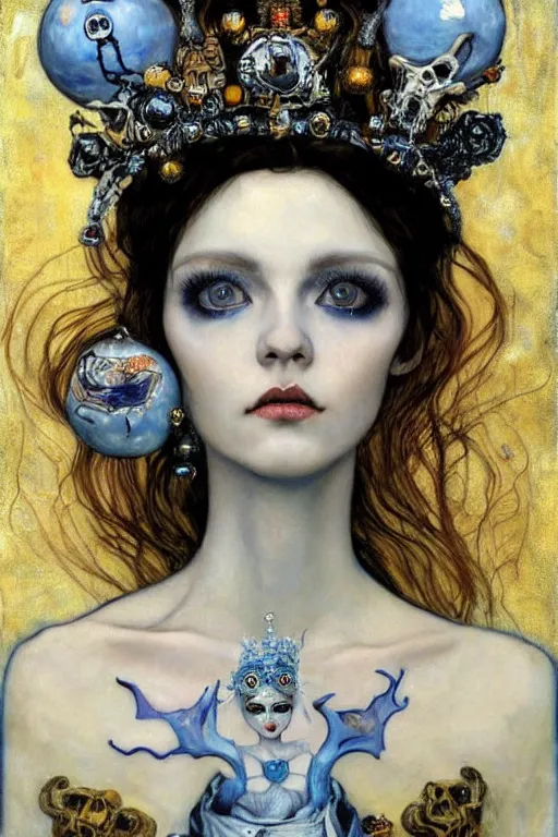 Prompt: The Princess of Bones by Karol Bak, Jean Deville, Gustav Klimt, and Vincent Van Gogh, portrait of a porcelain doll princess wearing a crown, porcelain ball-joint doll face with blue painted tattoos, pale blue eyes, mystic eye, otherworldly, crown made of bones, ornate jeweled crown, skulls, fractal structures, arcane, inscribed runes, infernal relics, ornate gilded medieval icon, third eye, spirals, rich deep moody colors