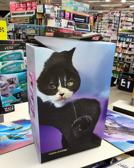 Image similar to Photo of a GPU box sitting on a store shelf in microcenter with a silly artwork of a cat flying a UFO printed on the box