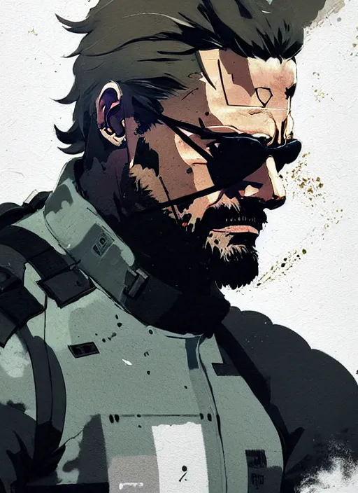 Prompt: highly detailed closeup of a moody solid snake mgs with codec by atey ghailan, by greg rutkowski, by greg tocchini, by james gilleard, by joe fenton, by kaethe butcher, by yoji shinkawa, gradient blue, black, brown and white color scheme muted tones, grunge aesthetic!!! white graffiti tag wall background