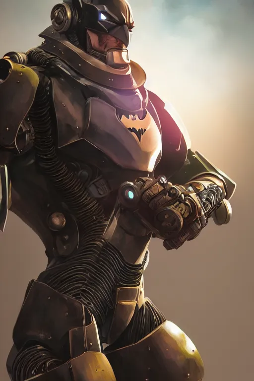 Image similar to batman hardmesh retro futurist steampunk fallout 7 6 power armor, hyper realistic, art cover, official fanart behance hd artstation by jesper ejsing, by rhads, makoto shinkai, final fantasy, unreal engine highly rendered, global illumination, radiant light, intricate environment radiating a glowing aura global illumination ray tracing hdr