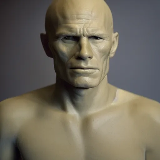 Prompt: A sculpted wax portrait, representing Ed Harris, studio lighting, F 1.4 Kodak Portra