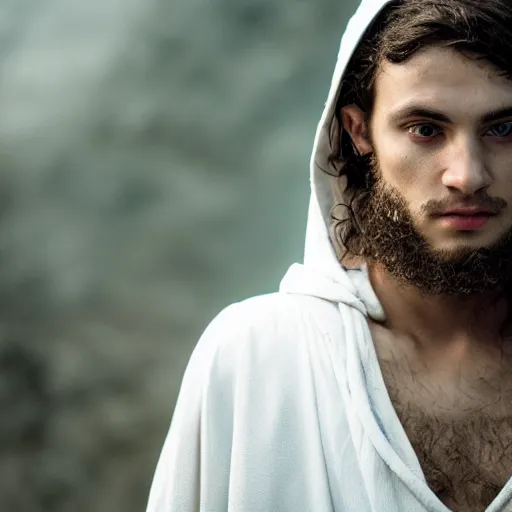 Image similar to professional close - up portrait photograph of a bohemian jewish prophet in his 2 0 s wearing a white hooded wizards robe. cinematic, epic framing, deep emotion. game if thrones character.