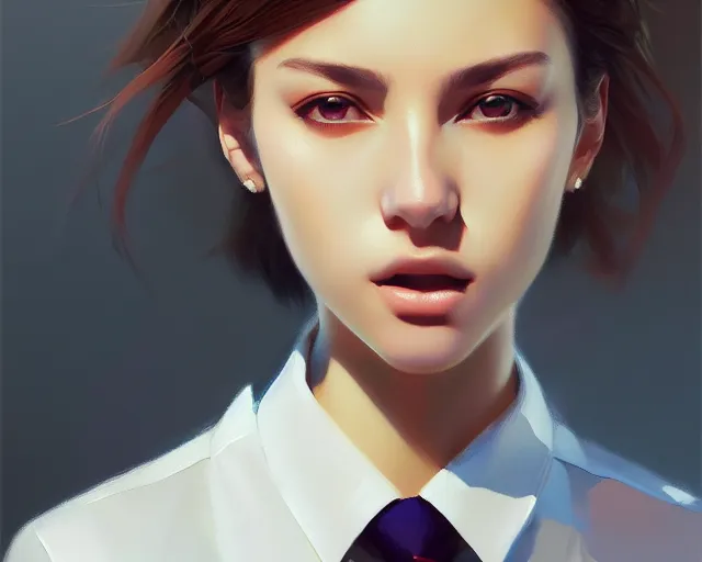 Prompt: a ultradetailed beautiful portrait panting of a stylish woman wearing a shirt with a tie, she has messy hair, oil painting, by ilya kuvshinov, greg rutkowski and makoto shinkai, trending on artstation