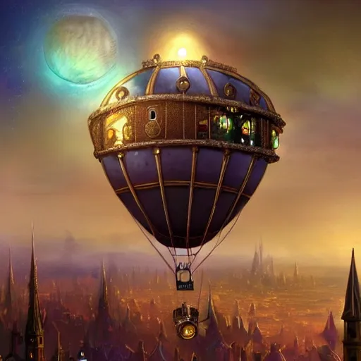 Prompt: a beautiful stunning fantasy whimsical matte digital illustration of a scene of a steampunk hot - air balloon over a lit steampunk city at night by marc simonetti, pastel color palette, disney magic the gathering steampunk!!!, chiaroscuro magical! bokeh moon stars dramatic romantic! epic breathtaking, clock tower,, trending on artstation hq, masterpiece