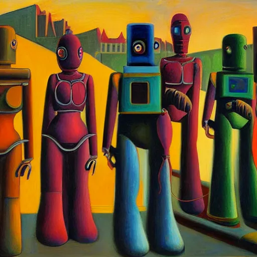 Prompt: robot parade, pj crook, edward hopper, oil on canvas