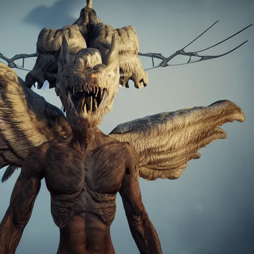 Image similar to cinematography picture of monster with angel wings, no eyes, long jaw, holding a spear, 8k, unreal engine 5, ps5, hyperrealistic, artstation, higly detailed