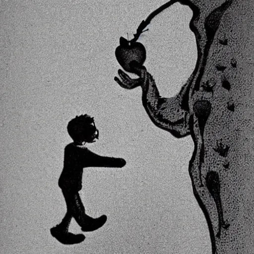 Prompt: man clinging to an apple floating to space by shel silverstein.