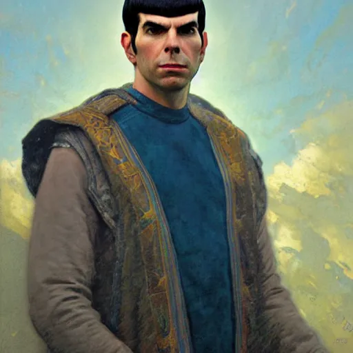 Image similar to portrait of ZACHARY QUINTO SPOCK in ancient Greece, (SFW) safe for work, photo realistic illustration by greg rutkowski, thomas kindkade, alphonse mucha, loish, norman rockwell