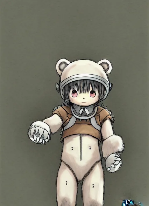 Image similar to beautiful little boy wearing an cyborg bear suit, artwork in kentaro miura and made in abyss and rosdraws, smooth, beautiful lightness, anatomically correct, trending on pixiv, forest