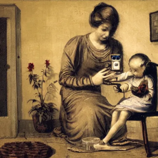 Image similar to a mother feeding a robot baby