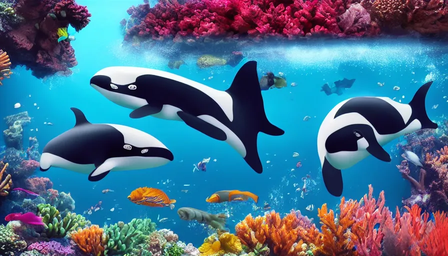 Image similar to a beautiful, noble, giant orca : 1, underwater scenery, beautiful colorful corals, african cichlids and other species of small tropical sea - life, god - rays, volumetric lighting, 8 k, digital art