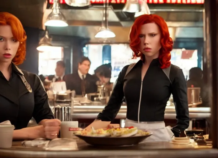 Image similar to Black Widow working as a waitress in a diner in the new avengers movie, 4k